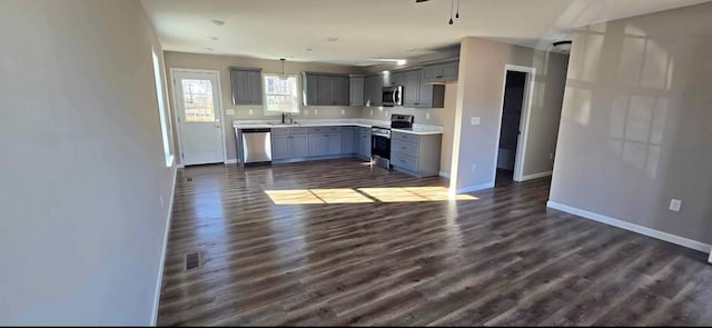 kitchen with stainless steel appliances, sink, gray cabinetry, and dark hardwood / wood-style flooring