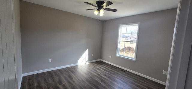 empty room featuring dark wood-type flooring and ceiling fan