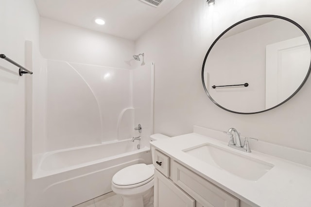 bathroom with bathing tub / shower combination, visible vents, toilet, vanity, and tile patterned flooring