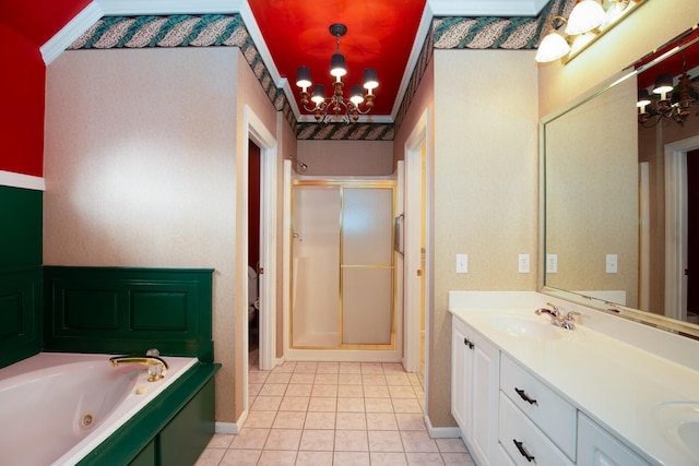 bathroom featuring crown molding, vanity, shower with separate bathtub, and a notable chandelier