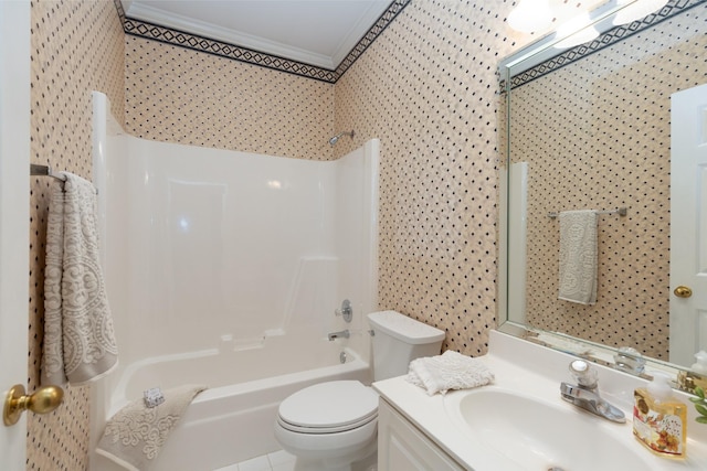 full bathroom with shower / tub combination, tile patterned flooring, vanity, ornamental molding, and toilet