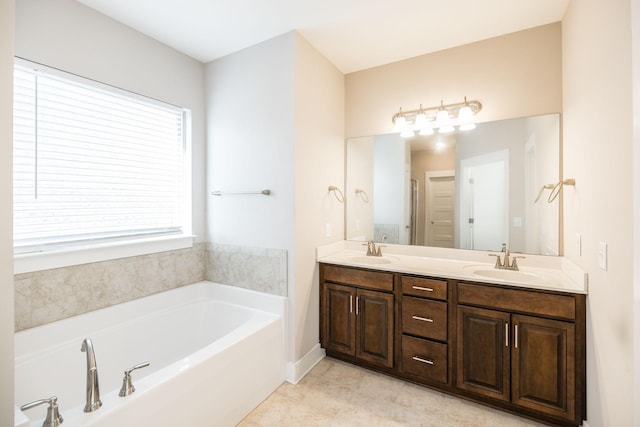 bathroom featuring vanity, plus walk in shower, and tile patterned flooring