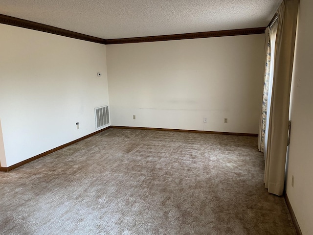 spare room with crown molding, carpet floors, and a textured ceiling