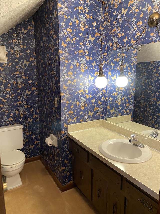 bathroom with vanity, a textured ceiling, and toilet