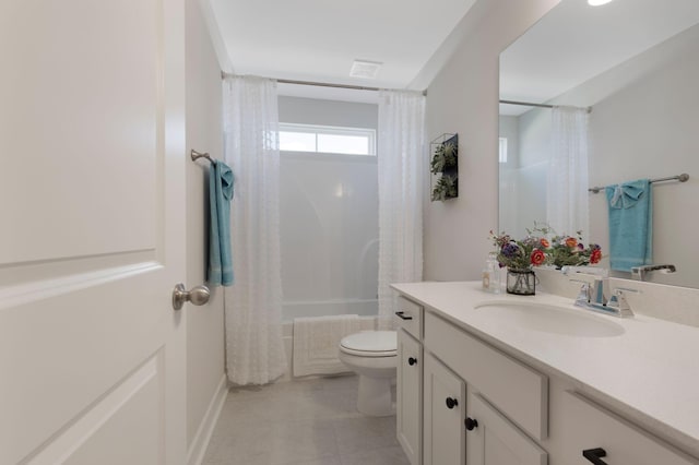 full bathroom with vanity, shower / bath combination with curtain, and toilet