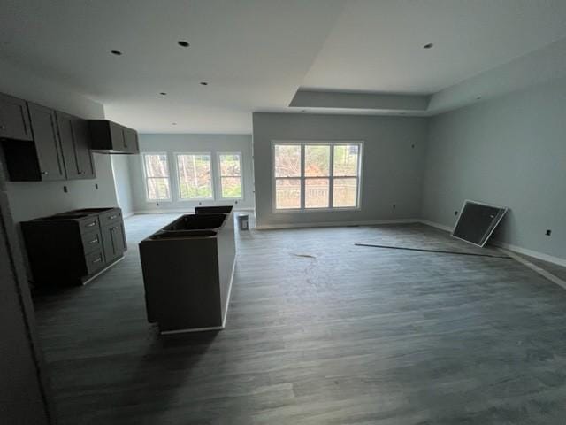 kitchen featuring a kitchen island, baseboards, open floor plan, and wood finished floors