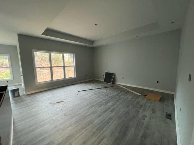 unfurnished living room with baseboards, a raised ceiling, and wood finished floors