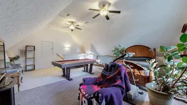 game room featuring carpet floors, billiards, a textured ceiling, and vaulted ceiling