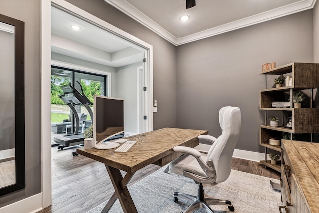 office featuring hardwood / wood-style floors and crown molding