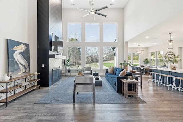 living room featuring a fireplace, dark hardwood / wood-style flooring, and a high ceiling