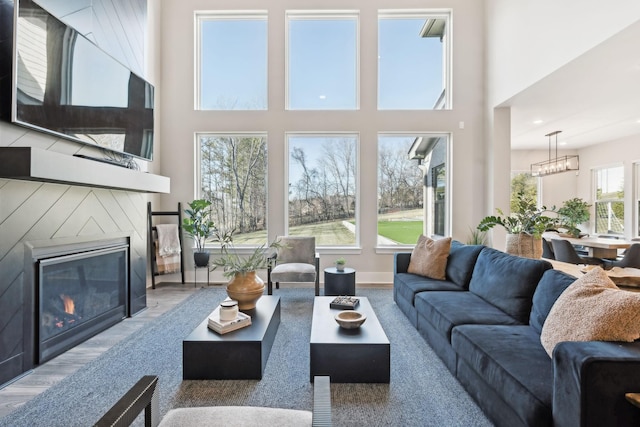 living room featuring a towering ceiling and light hardwood / wood-style floors