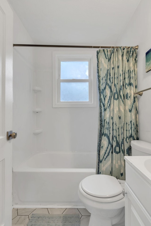 full bathroom featuring vanity, tile patterned floors, toilet, and shower / tub combo with curtain