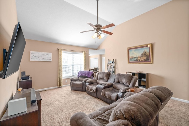 living room with lofted ceiling, carpet flooring, and ceiling fan