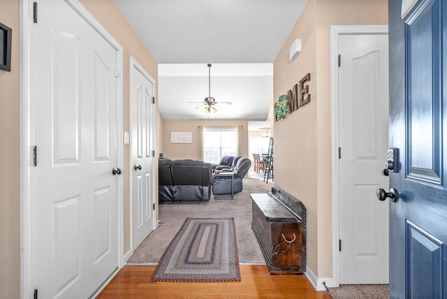 foyer entrance featuring ceiling fan and light hardwood / wood-style floors