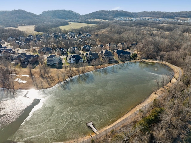 birds eye view of property with a water and mountain view