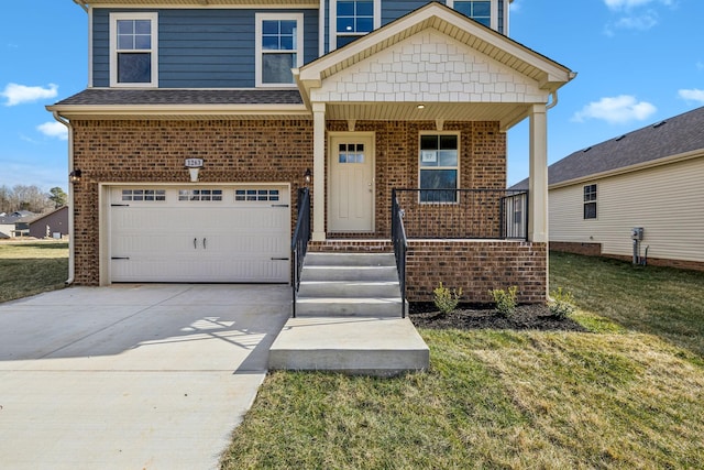 view of front of home with a garage, a porch, and a front yard