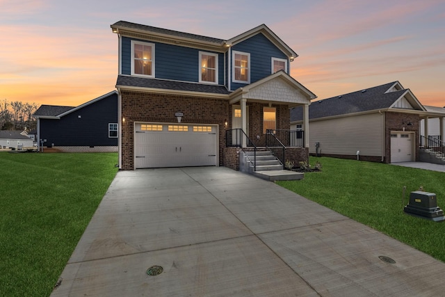 view of front of home with a garage, covered porch, and a lawn