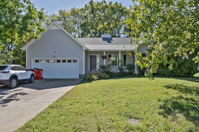 view of front of house featuring a garage, covered porch, and a front lawn