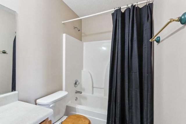 full bathroom with vanity, toilet, a textured ceiling, and shower / tub combo with curtain