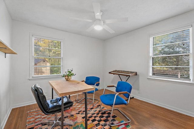 office with ceiling fan and dark hardwood / wood-style flooring