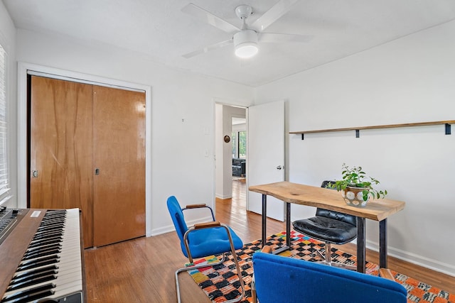 office featuring ceiling fan and light hardwood / wood-style flooring