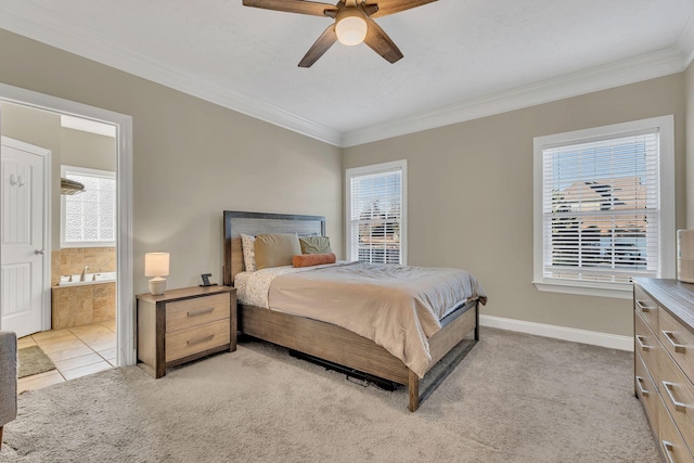 bedroom featuring baseboards, ornamental molding, multiple windows, and light colored carpet