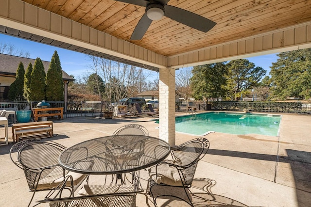 view of swimming pool featuring a patio and ceiling fan