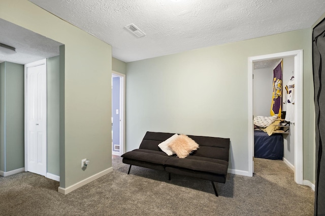 sitting room featuring carpet floors and a textured ceiling