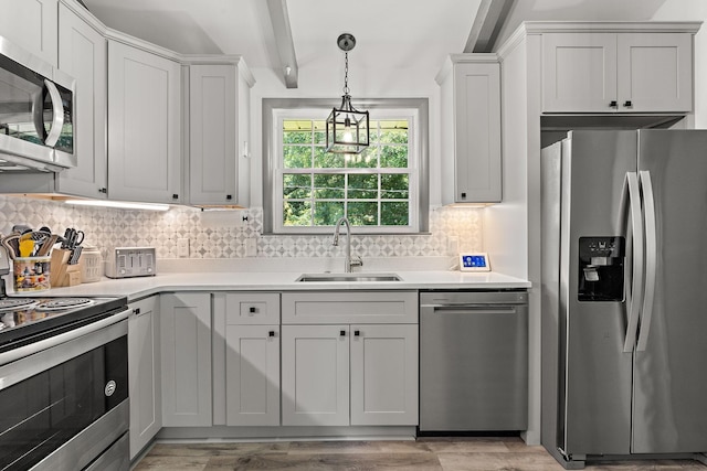 kitchen featuring sink, stainless steel appliances, white cabinets, decorative backsplash, and beamed ceiling