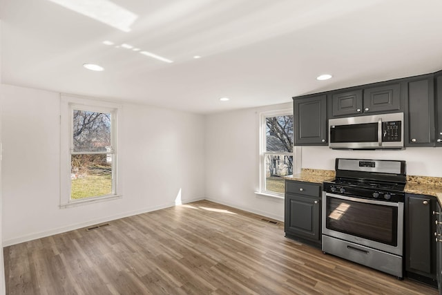 kitchen featuring stainless steel appliances, wood-type flooring, and light stone counters