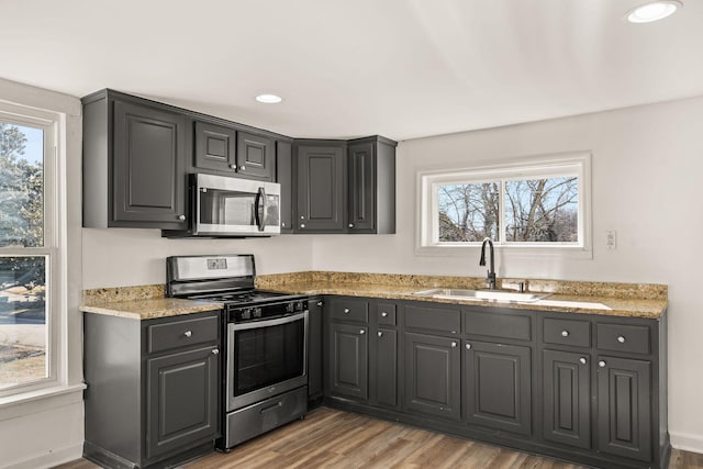 kitchen with sink, hardwood / wood-style flooring, light stone countertops, and appliances with stainless steel finishes