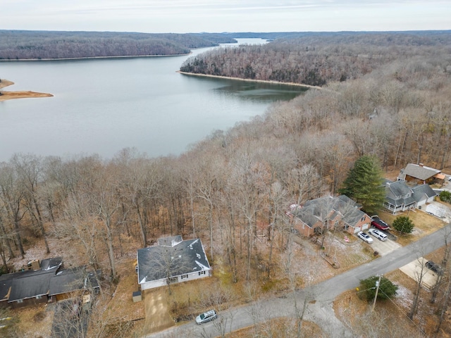 birds eye view of property featuring a forest view and a water view