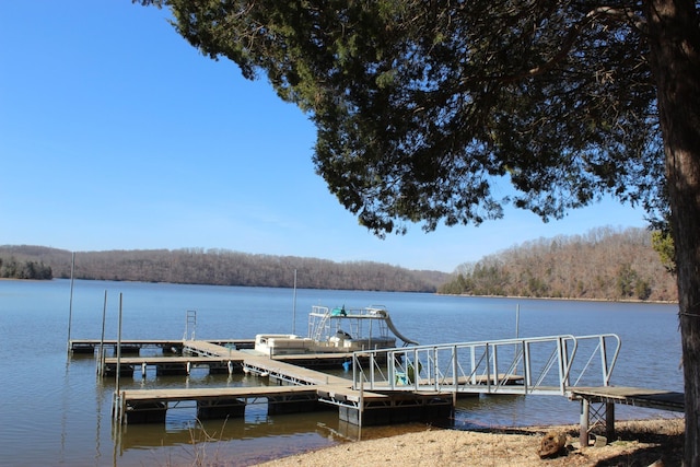 view of dock featuring a view of trees and a water view