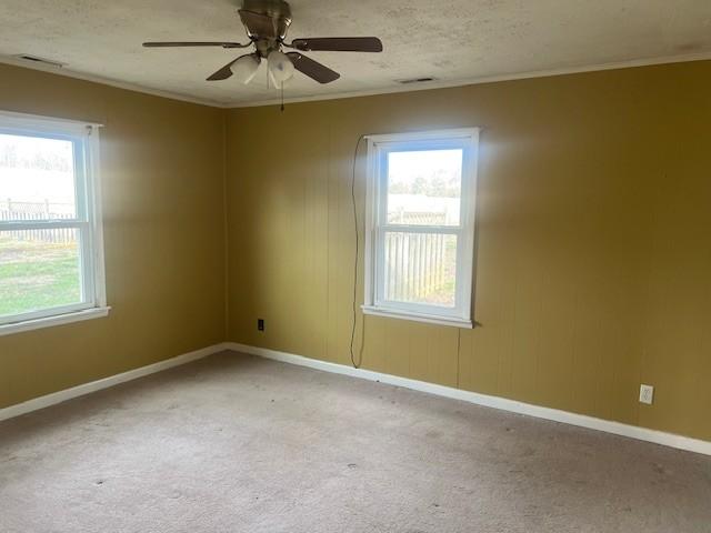 carpeted empty room featuring crown molding, ceiling fan, and plenty of natural light