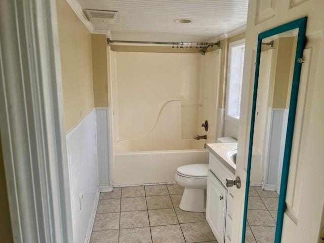 full bathroom with crown molding, vanity, toilet, and shower / washtub combination