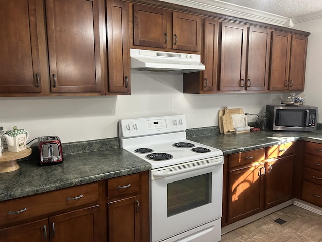 kitchen with crown molding, dark brown cabinets, electric range, and a textured ceiling