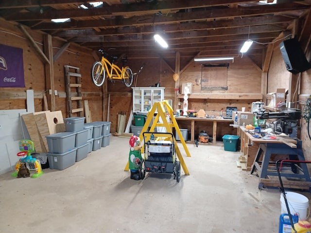 basement with a workshop area