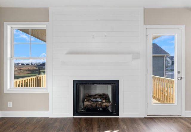 room details featuring a large fireplace and wood-type flooring