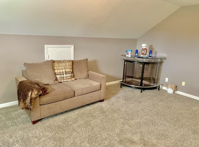 living room featuring lofted ceiling and carpet