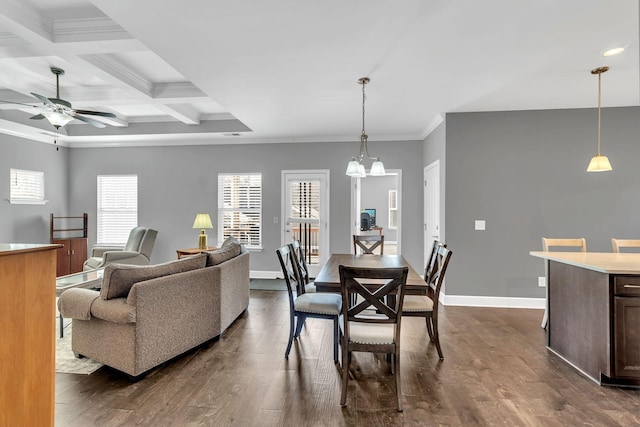 dining space with dark wood-type flooring, coffered ceiling, crown molding, beam ceiling, and ceiling fan with notable chandelier