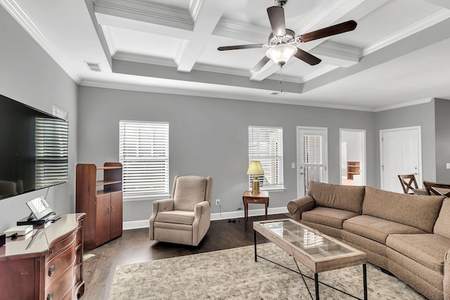 living room with coffered ceiling, beam ceiling, a wealth of natural light, and ornamental molding