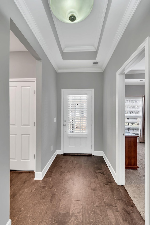 carpeted foyer with ornamental molding and a tray ceiling