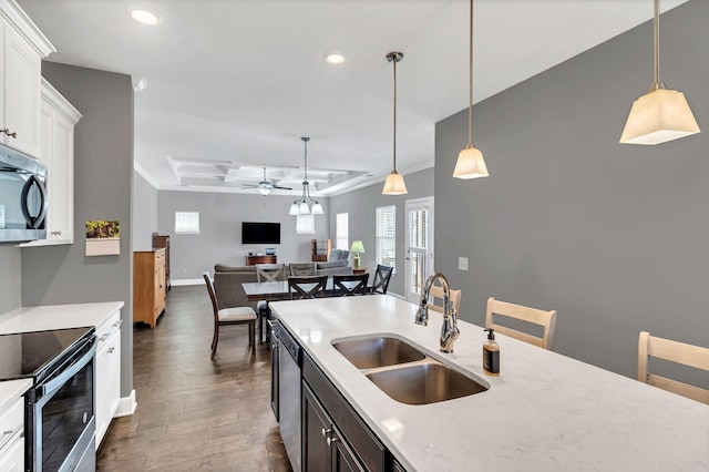 kitchen with a tray ceiling, sink, decorative light fixtures, and stainless steel appliances