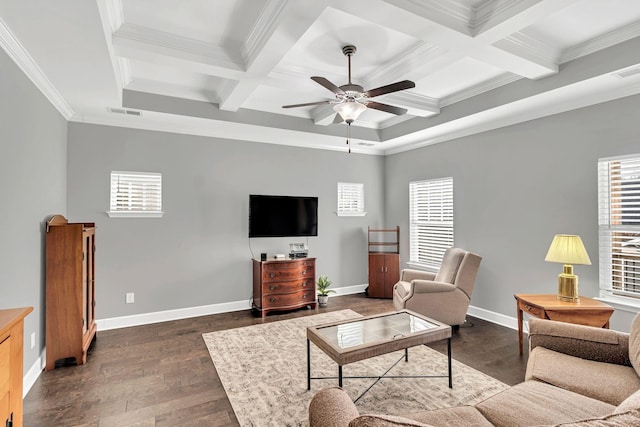 living room with crown molding, coffered ceiling, and dark wood-type flooring