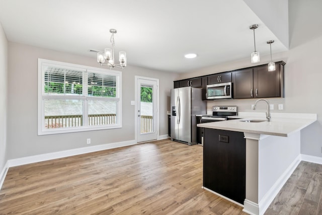 kitchen with appliances with stainless steel finishes, pendant lighting, sink, kitchen peninsula, and dark brown cabinets