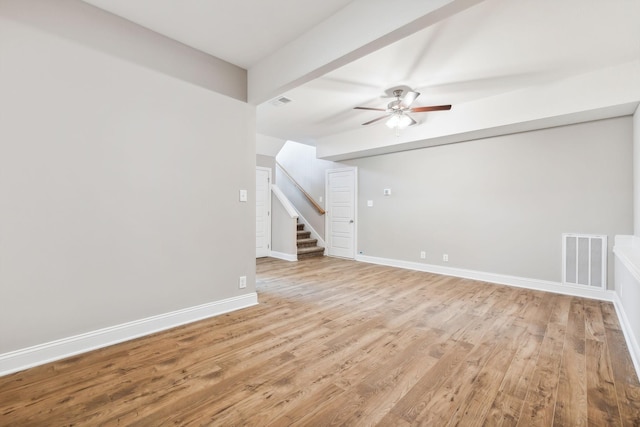 unfurnished living room featuring ceiling fan and light hardwood / wood-style floors