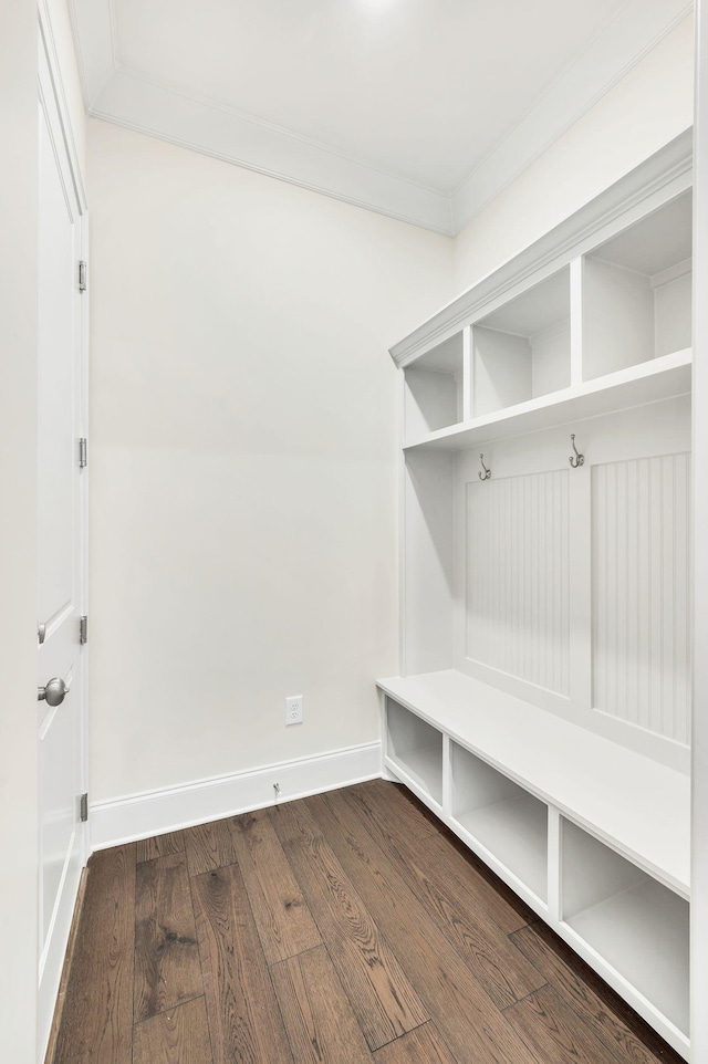 mudroom featuring hardwood / wood-style floors and crown molding