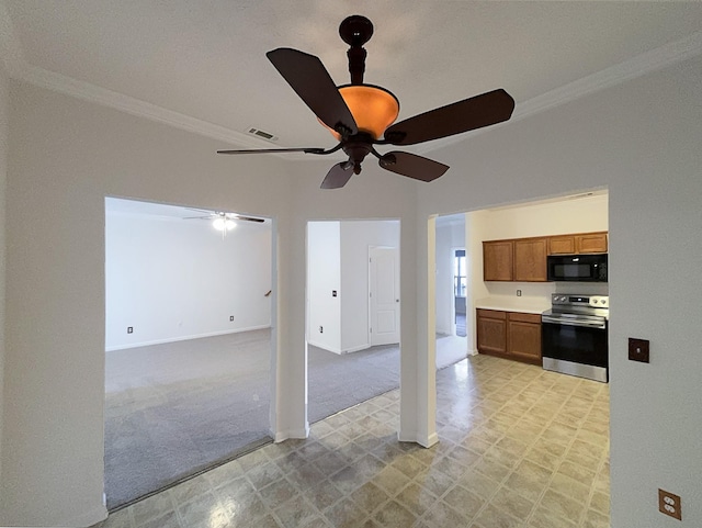 interior space with ceiling fan, light colored carpet, and ornamental molding