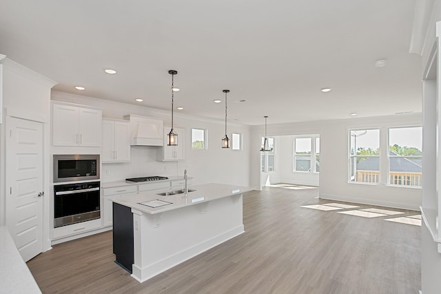 kitchen with premium range hood, sink, white cabinetry, an island with sink, and oven