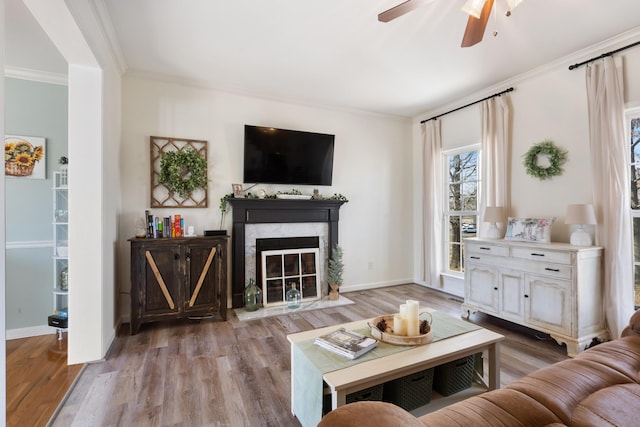 living room with ornamental molding, ceiling fan, a fireplace, and light hardwood / wood-style floors